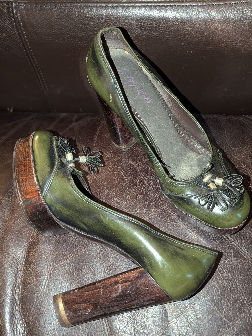 Stella McCartney Green Vegan Tie Front Loafer Platform Heels Size 37.6 6.5
